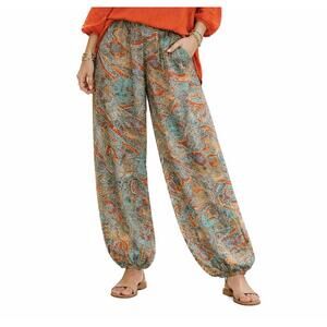 Rhea NWT Boho Harem Pants Paisley Orange Teal Smocked Waist S/M